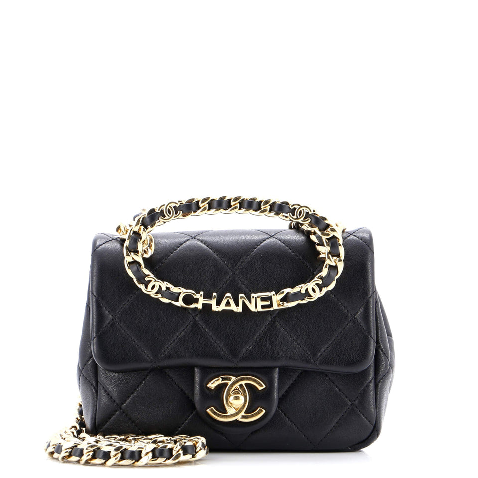 Oval Logo Chain Handle Flap Bag Quilted Lambskin Mini