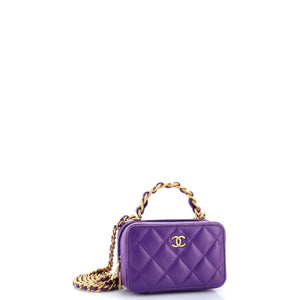 Woven Chain Top Handle Vanity Case Quilted Lambskin Mini