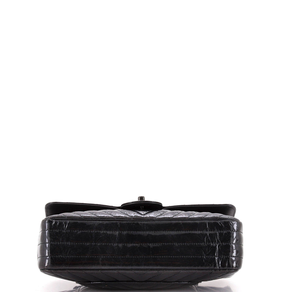 So Black Classic Double Flap Bag Chevron Crinkled Patent Medium