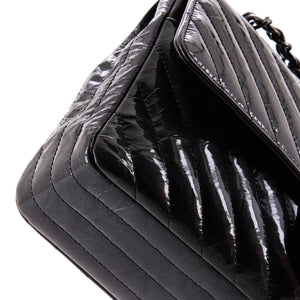 So Black Classic Double Flap Bag Chevron Crinkled Patent Medium
