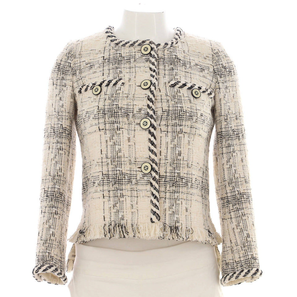 Women's Braided Trim Collarless Button Up Jacket Tweed