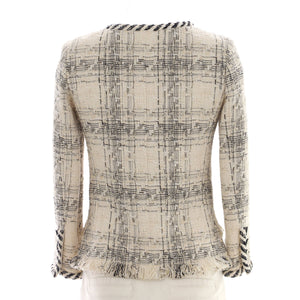 Women's Braided Trim Collarless Button Up Jacket Tweed