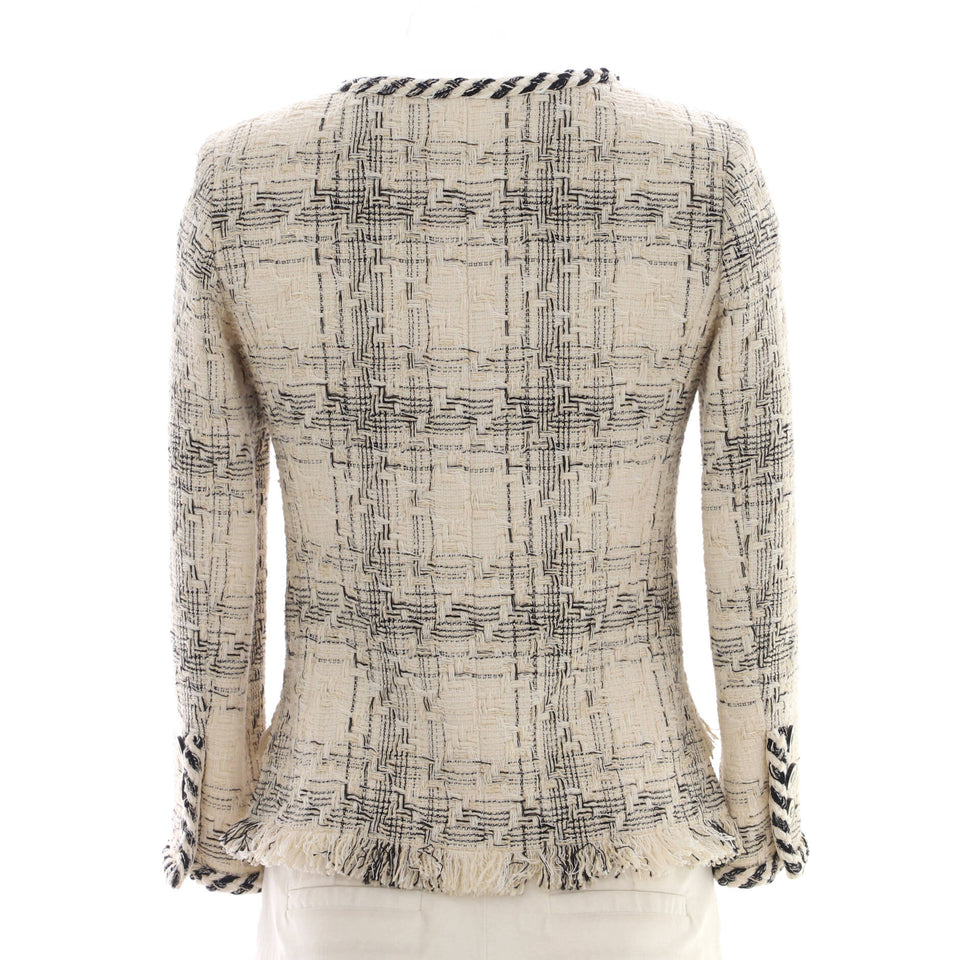 Women's Braided Trim Collarless Button Up Jacket Tweed