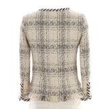 Women's Braided Trim Collarless Button Up Jacket Tweed