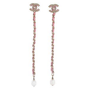 CC Chain Drop Earrings Metal with Leather and Faux Pearls