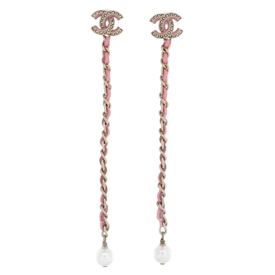 CC Chain Drop Earrings Metal with Leather and Faux Pearls