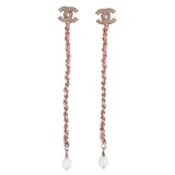CC Chain Drop Earrings Metal with Leather and Faux Pearls
