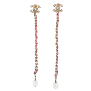 CC Chain Drop Earrings Metal with Leather and Faux Pearls