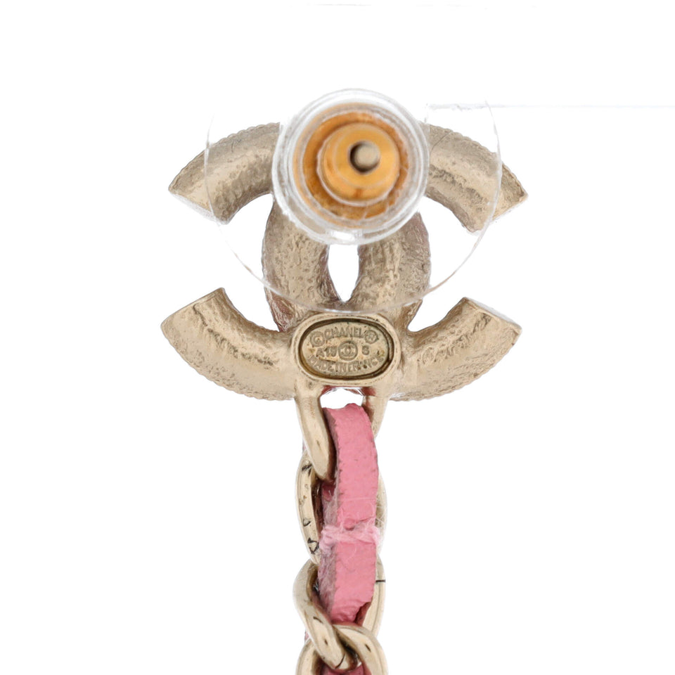 CC Chain Drop Earrings Metal with Leather and Faux Pearls