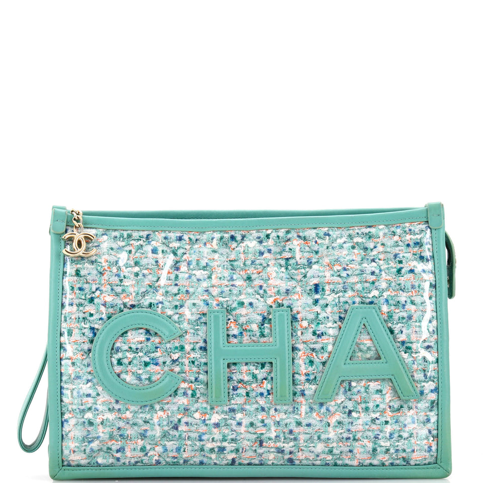 Logo Wristlet Clutch PVC Over Quilted Tweed Large