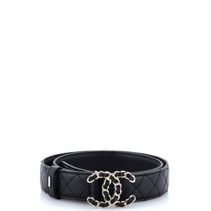 Woven Chain CC Buckle Belt Quilted Leather Wide