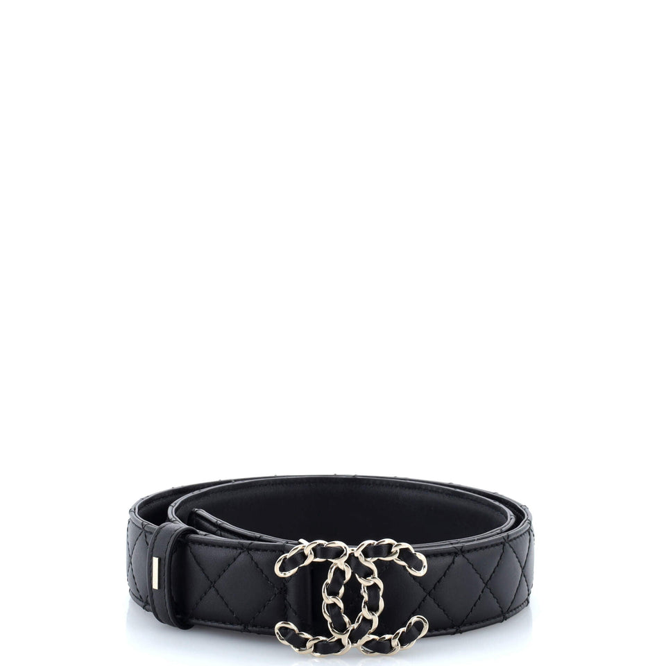 Woven Chain CC Buckle Belt Quilted Leather Wide