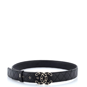 Woven Chain CC Buckle Belt Quilted Leather Wide