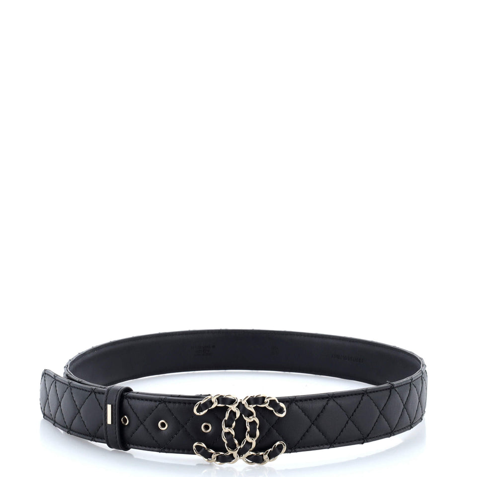 Woven Chain CC Buckle Belt Quilted Leather Wide