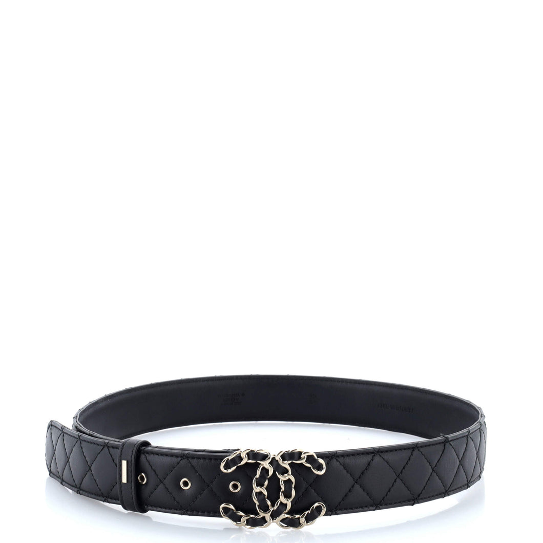Woven Chain CC Buckle Belt Quilted Leather Wide