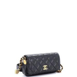 Twist Your Buttons Flap Clutch with Chain Quilted Caviar