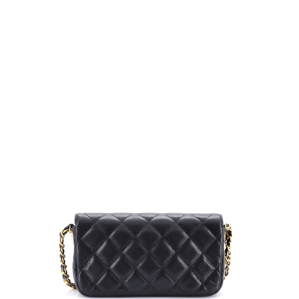 Twist Your Buttons Flap Clutch with Chain Quilted Caviar