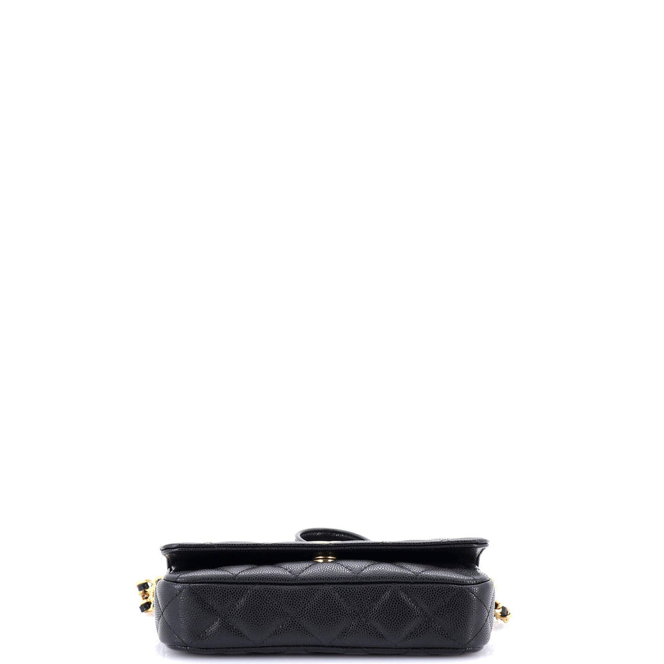 Twist Your Buttons Flap Clutch with Chain Quilted Caviar