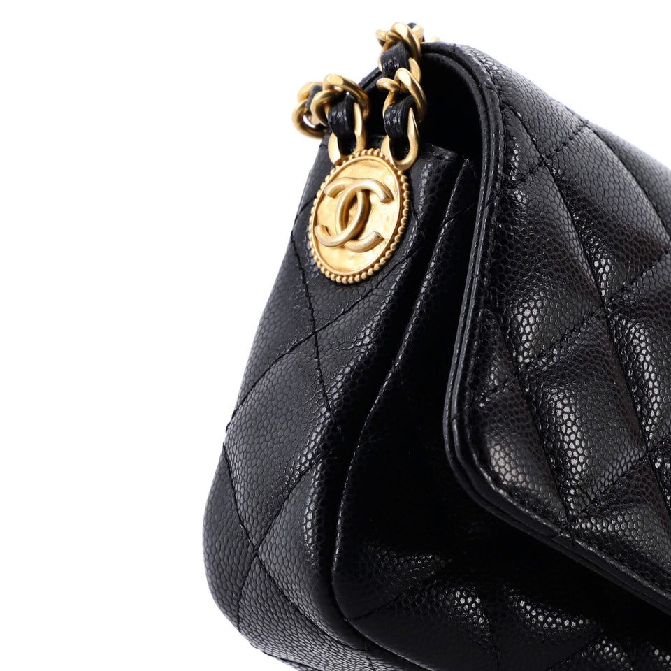 Twist Your Buttons Flap Clutch with Chain Quilted Caviar