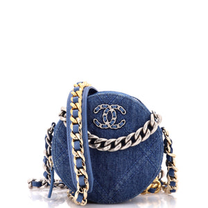19 Round Clutch with Chain Quilted Denim