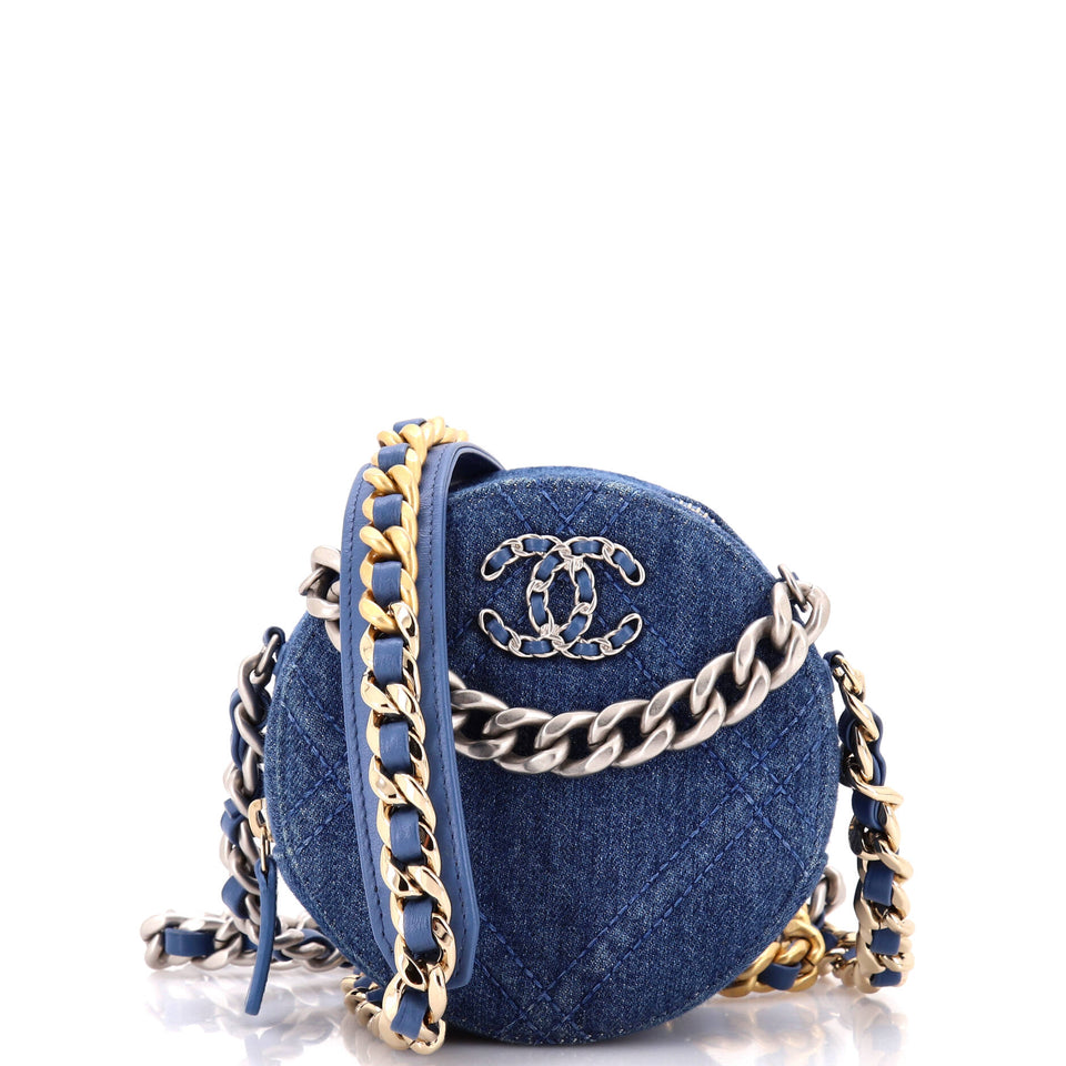 19 Round Clutch with Chain Quilted Denim