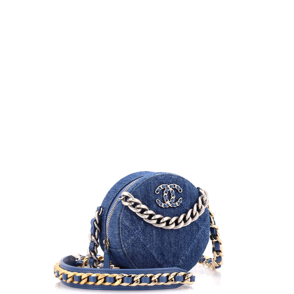 19 Round Clutch with Chain Quilted Denim