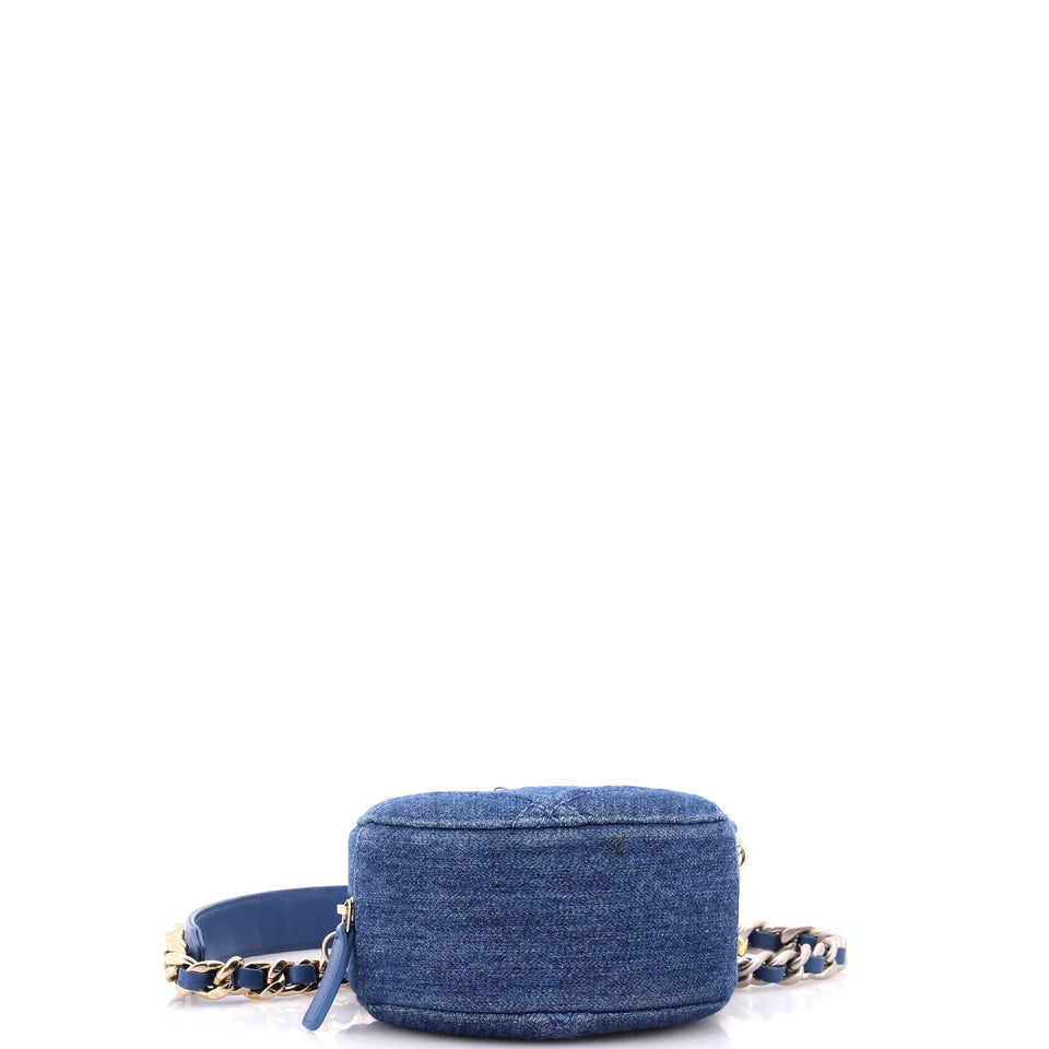 19 Round Clutch with Chain Quilted Denim