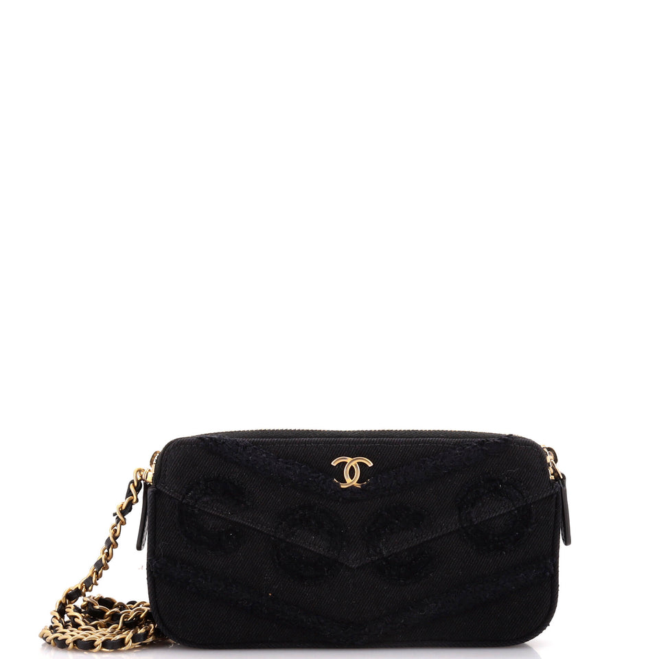 Coco Double Zip Clutch with Chain Fringe Chevron Denim