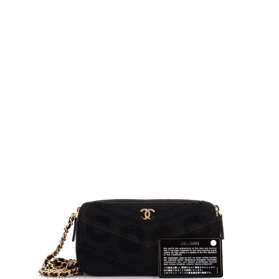 Coco Double Zip Clutch with Chain Fringe Chevron Denim
