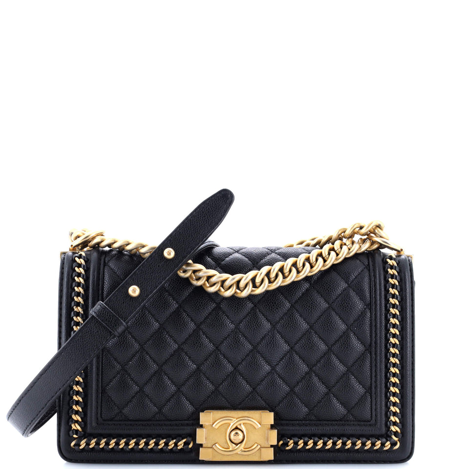 Boy Flap Bag Quilted Caviar with Whipstitch Chain Detail Old Medium