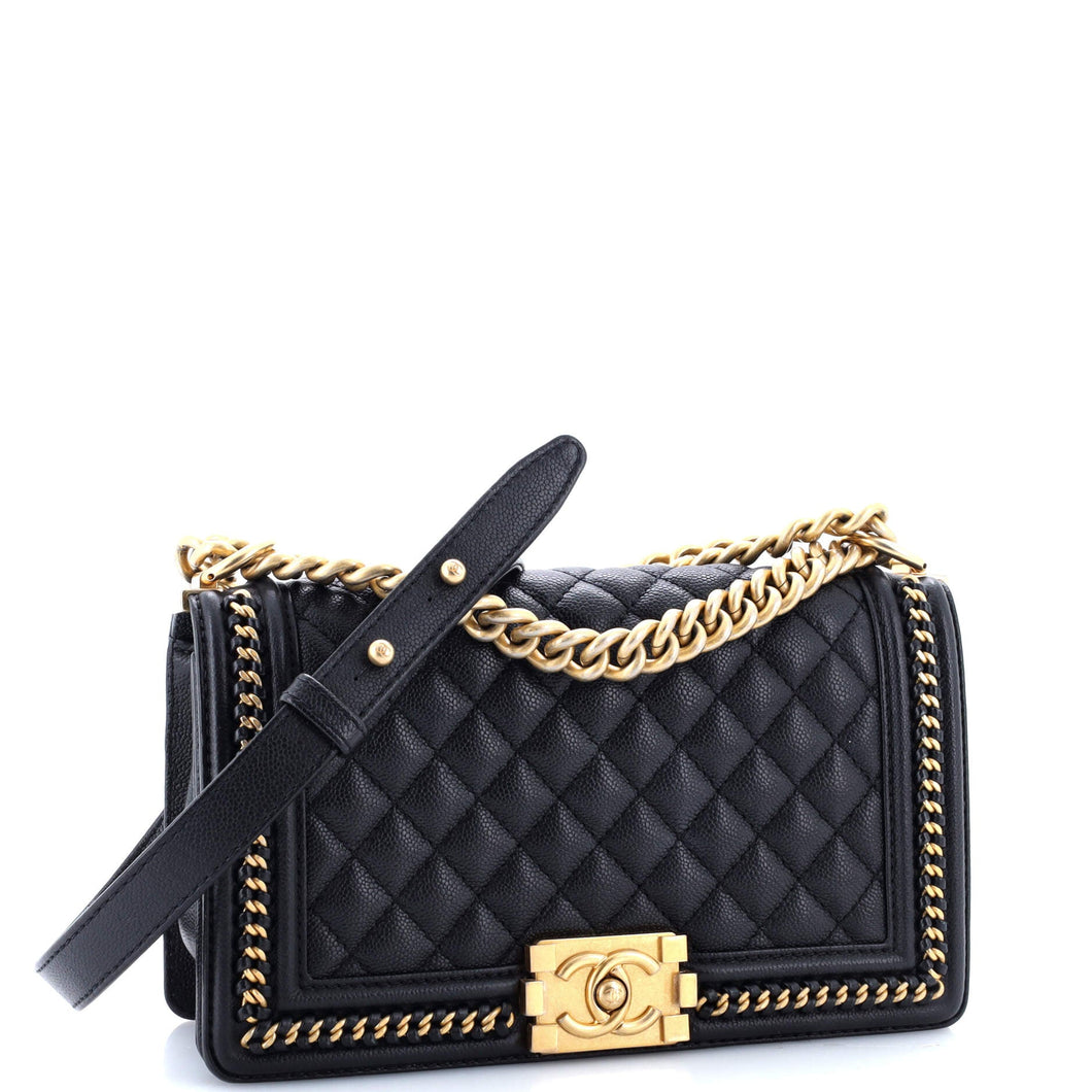 Boy Flap Bag Quilted Caviar with Whipstitch Chain Detail Old Medium