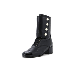 Women's Logo Button Snap Cap Toe Boots Leather with Patent