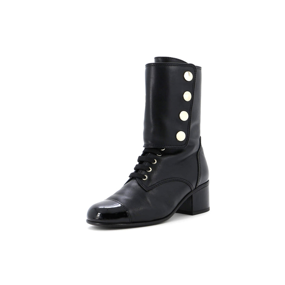 Women's Logo Button Snap Cap Toe Boots Leather with Patent
