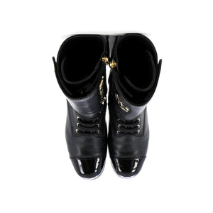 Women's Logo Button Snap Cap Toe Boots Leather with Patent