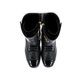 Women's Logo Button Snap Cap Toe Boots Leather with Patent