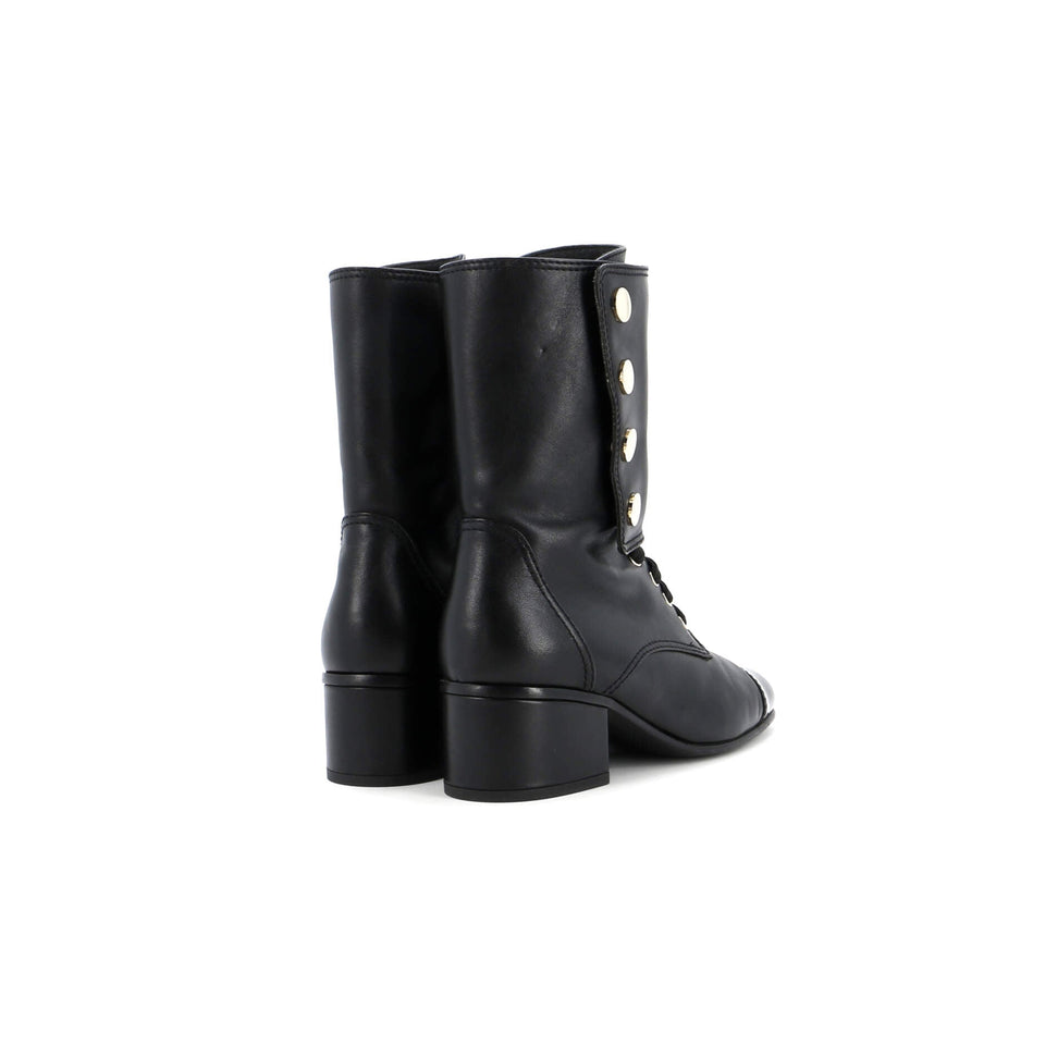Women's Logo Button Snap Cap Toe Boots Leather with Patent