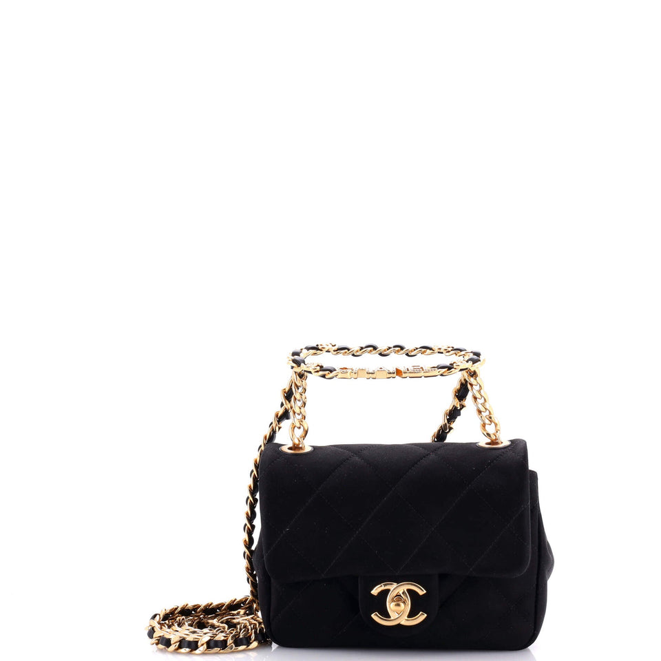 Oval Logo Chain Handle Flap Bag Quilted Satin with Crystals Mini