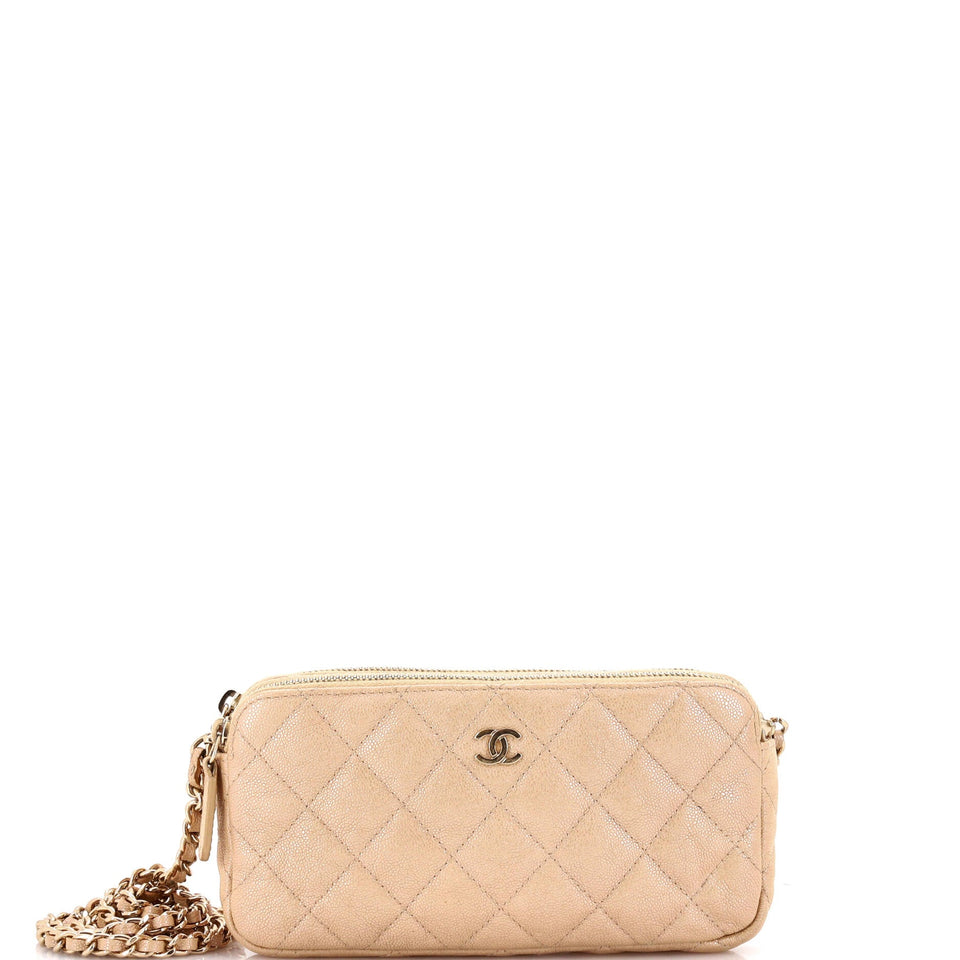 Double Zip Clutch with Chain Quilted Iridescent Caviar