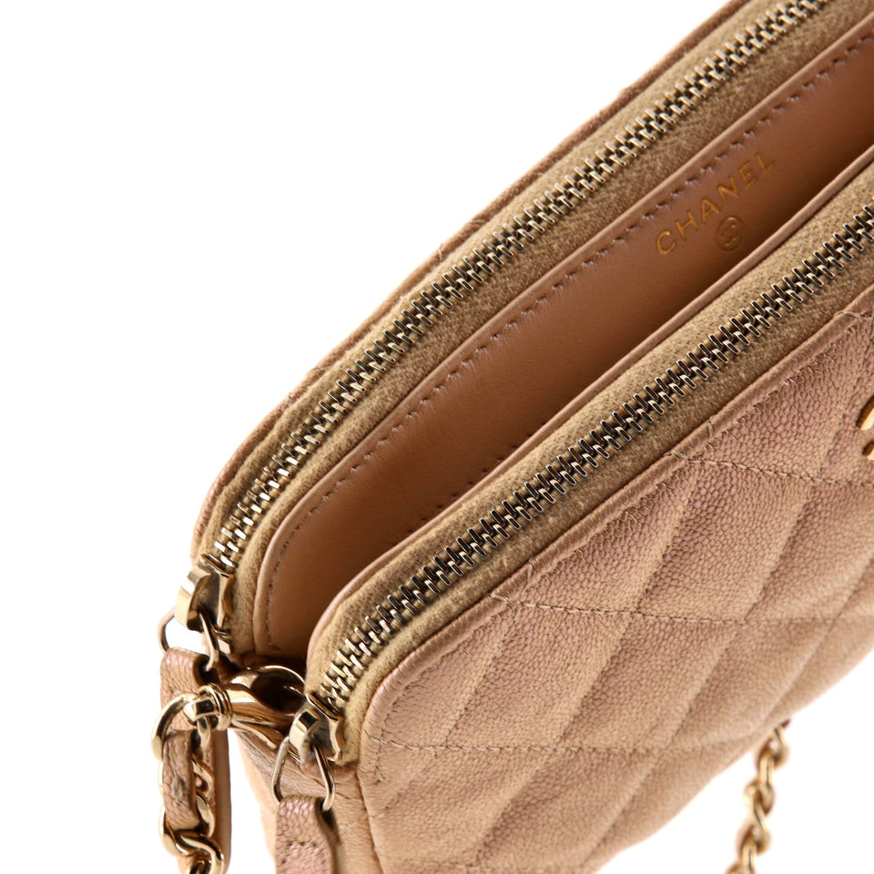 Double Zip Clutch with Chain Quilted Iridescent Caviar