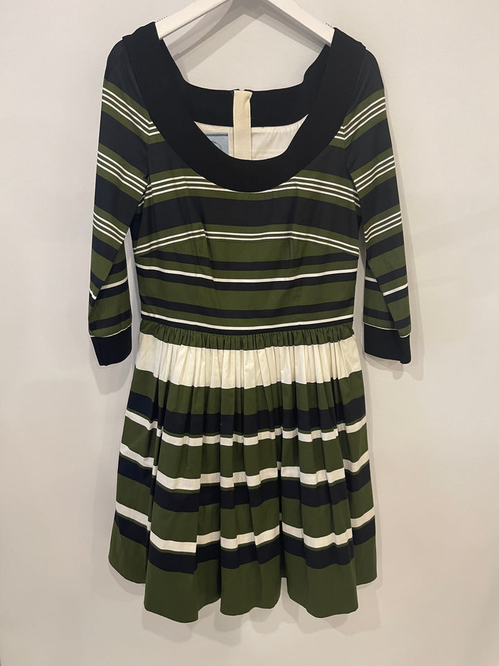 Prada Khaki, Navy & White Striped Mid-Sleeve Off-Shoulder Dress Size IT 40 (UK 8)