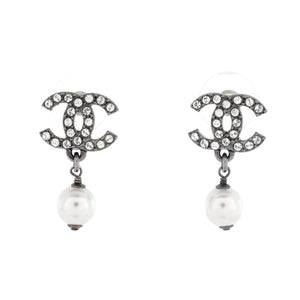 CC Dangle Earrings Crystal Embellished Metal with Faux Pearls