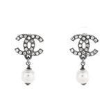 CC Dangle Earrings Crystal Embellished Metal with Faux Pearls