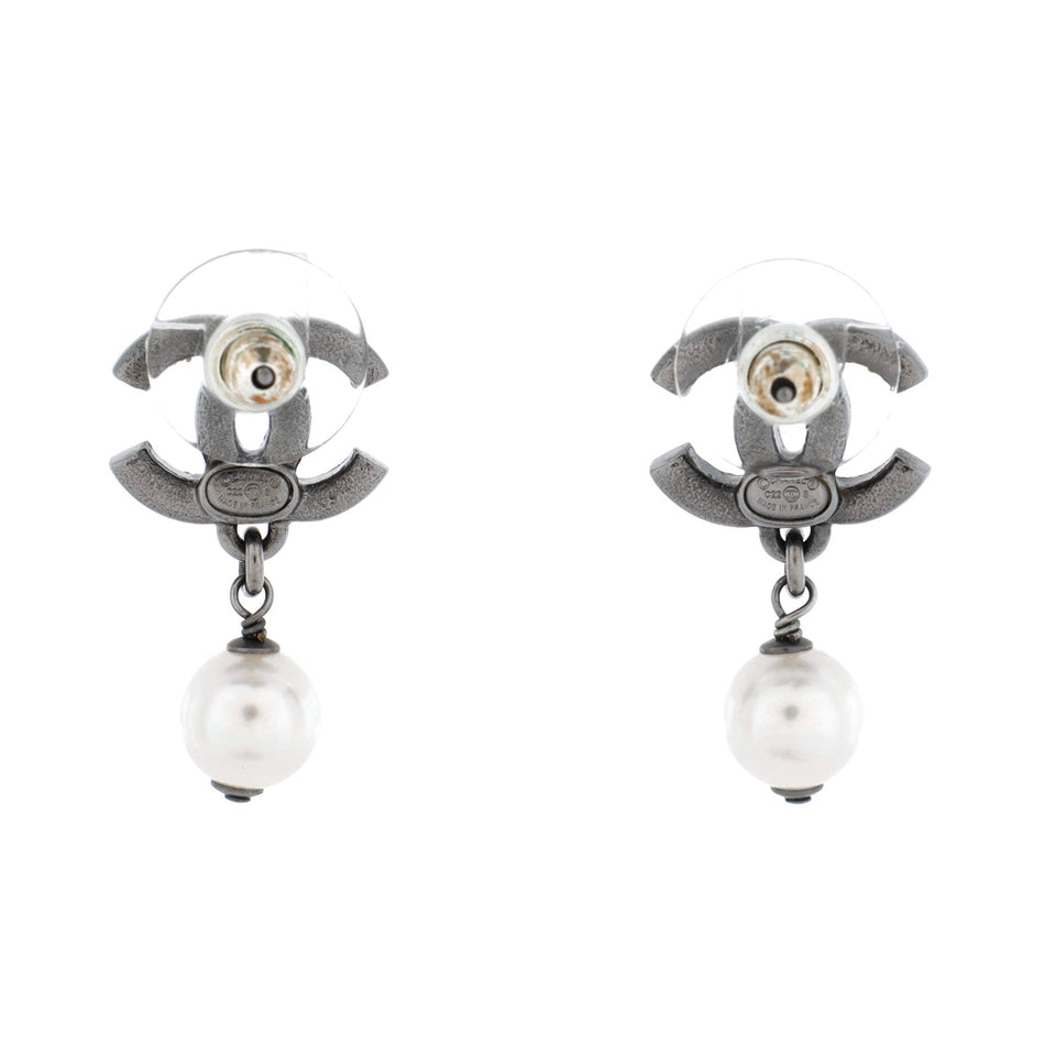 CC Dangle Earrings Crystal Embellished Metal with Faux Pearls