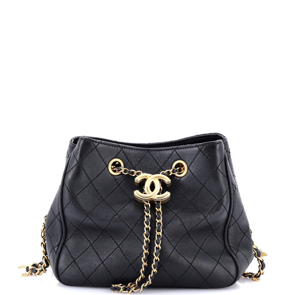 Egyptian Amulet Drawstring Bucket Bag Stitched Calfskin Small