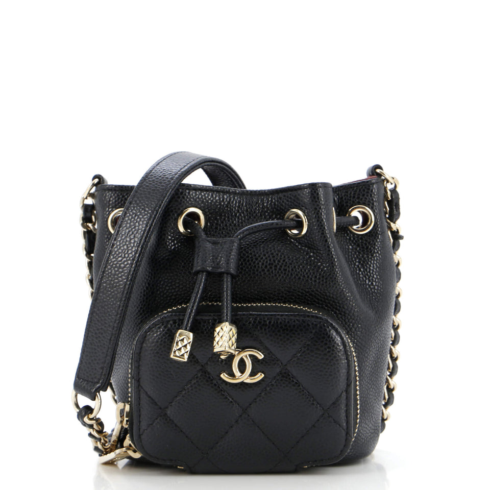 Business Affinity Drawstring Bucket Bag Quilted Caviar Mini