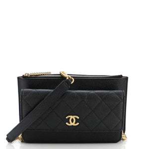 CC Front Pocket Clutch with Chain Quilted Caviar Small