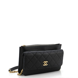 CC Front Pocket Clutch with Chain Quilted Caviar Small