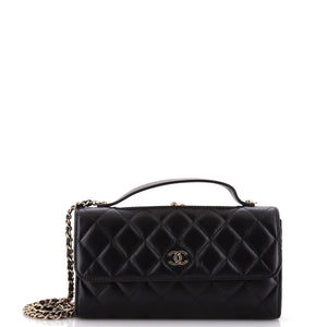 Kisslock Flap Phone Holder with Chain Quilted Shiny Calfskin