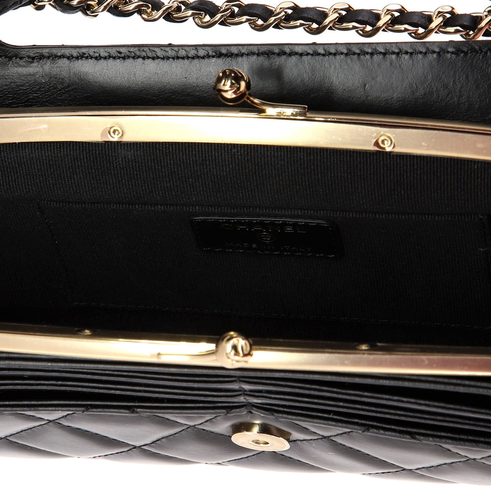 Kisslock Flap Phone Holder with Chain Quilted Shiny Calfskin
