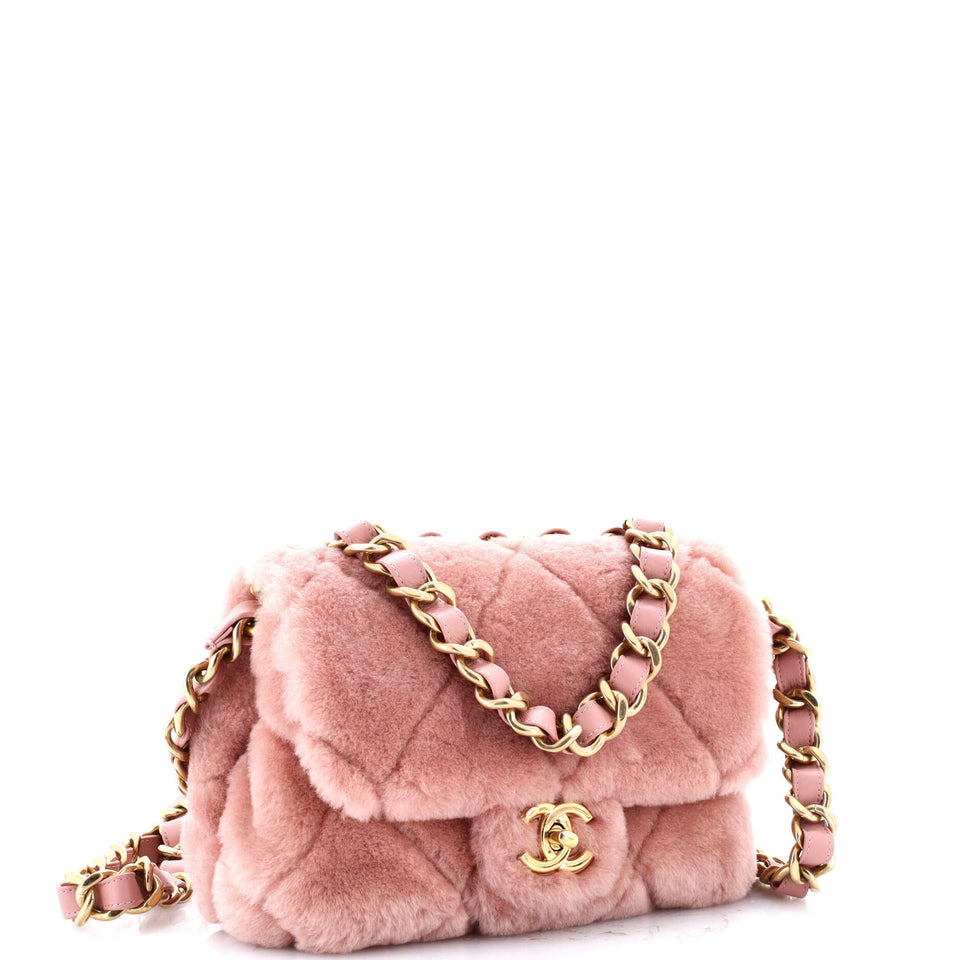 CC Bar Chain Handle Flap Bag Quilted Shearling Small